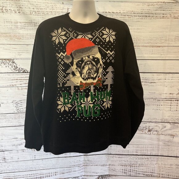 Christmas BAH HUM Pug Dog Black Sweatshirt Unisex Large/L - Picture 1 of 7
